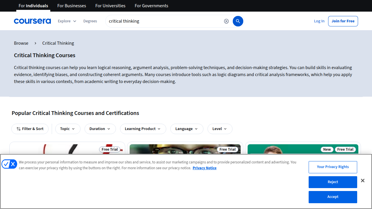 A screenshot of Coursera, showcasing options for critical thinking courses, including those from reputable universities.