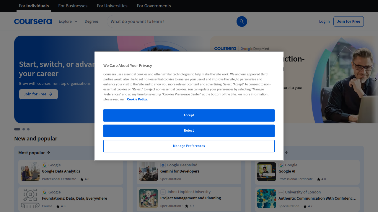 Coursera's website, a leading platform for career credentials from top universities, offering many courses to audit for free.