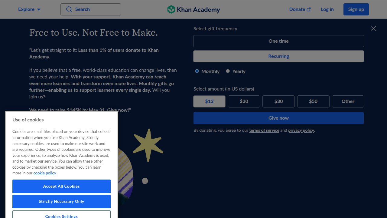 Khan Academy's website, known for its completely free educational resources across various subjects.