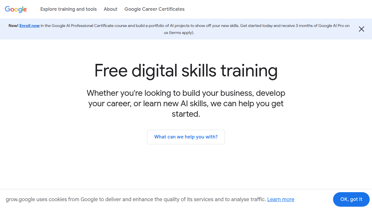 The Google Digital Garage website, offering free courses and certifications for job-ready digital skills.