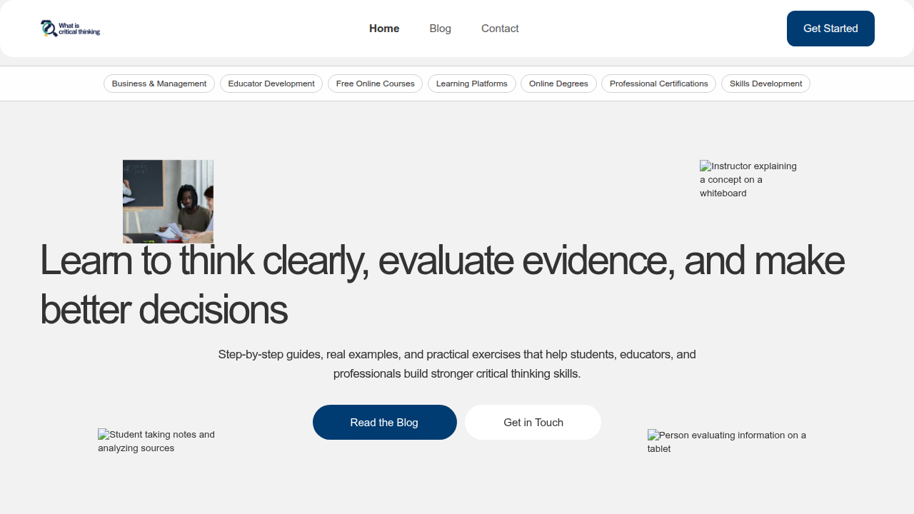 The homepage of 'whatiscriticalthinking.com', a resource for exploring online learning platforms and frameworks for critical thinking.
