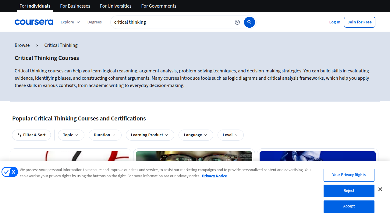 A screenshot of Coursera's platform displaying various critical thinking courses, emphasizing options with quizzes, discussions, and projects for active learning.