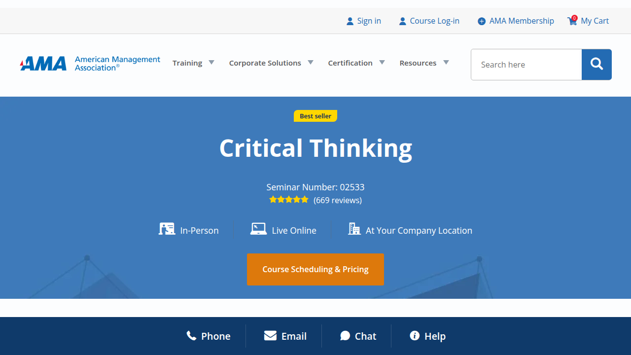 The American Management Association (AMA) website, featuring its Critical Thinking Skills Training workshop designed for managers and project leaders.
