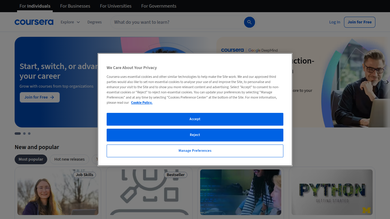 The homepage of Coursera, a leading online learning platform offering flexible courses and micro-credentials in business management and other fields.