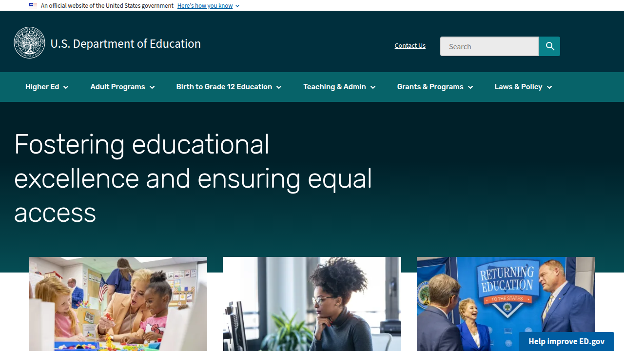 Screenshot of the official U.S. Department of Education website, a primary resource for verifying higher education accreditation.
