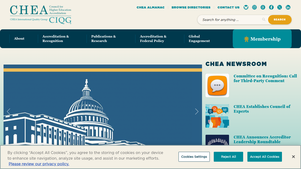 Screenshot of the Council for Higher Education Accreditation (CHEA) website, essential for confirming institutional accreditation.
