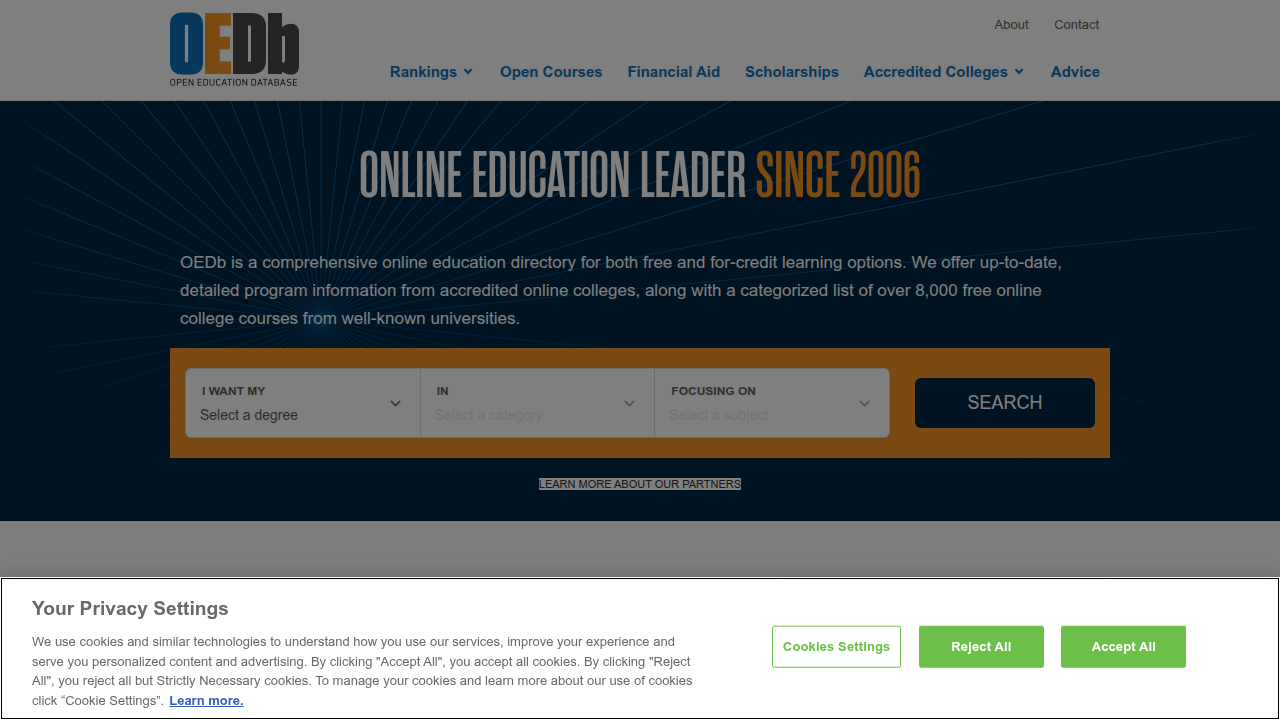 Screenshot of OEDB.org, an online database listing accredited educational institutions and programs.