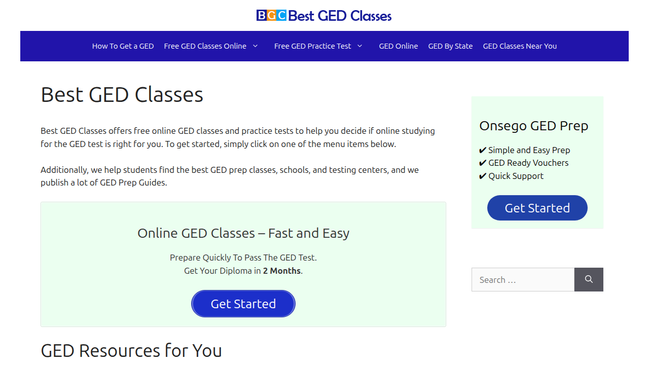 Screenshot of the BestGEDClasses.org homepage, providing information on accredited online GED programs.