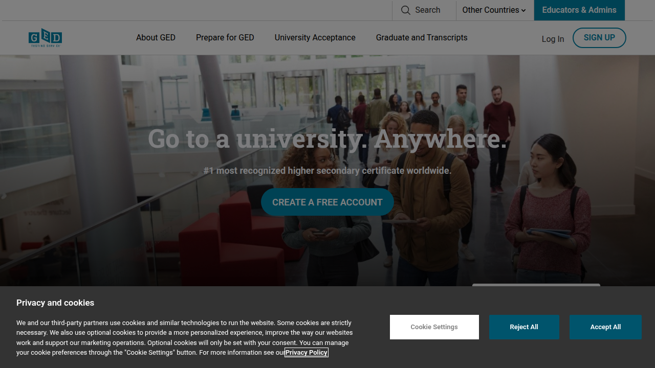 Screenshot of the official GED.com homepage, offering resources for taking the GED test.
