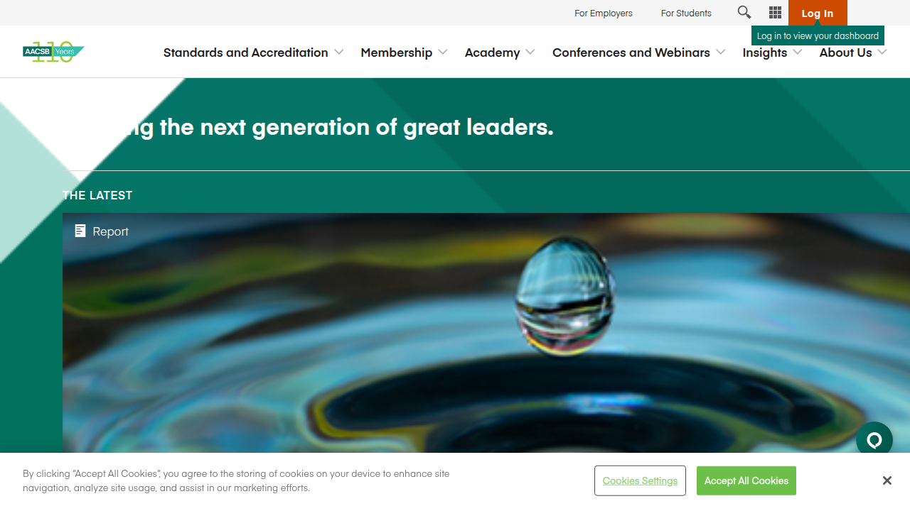 A screenshot of the AACSB International homepage, a leading global accrediting body for business schools.