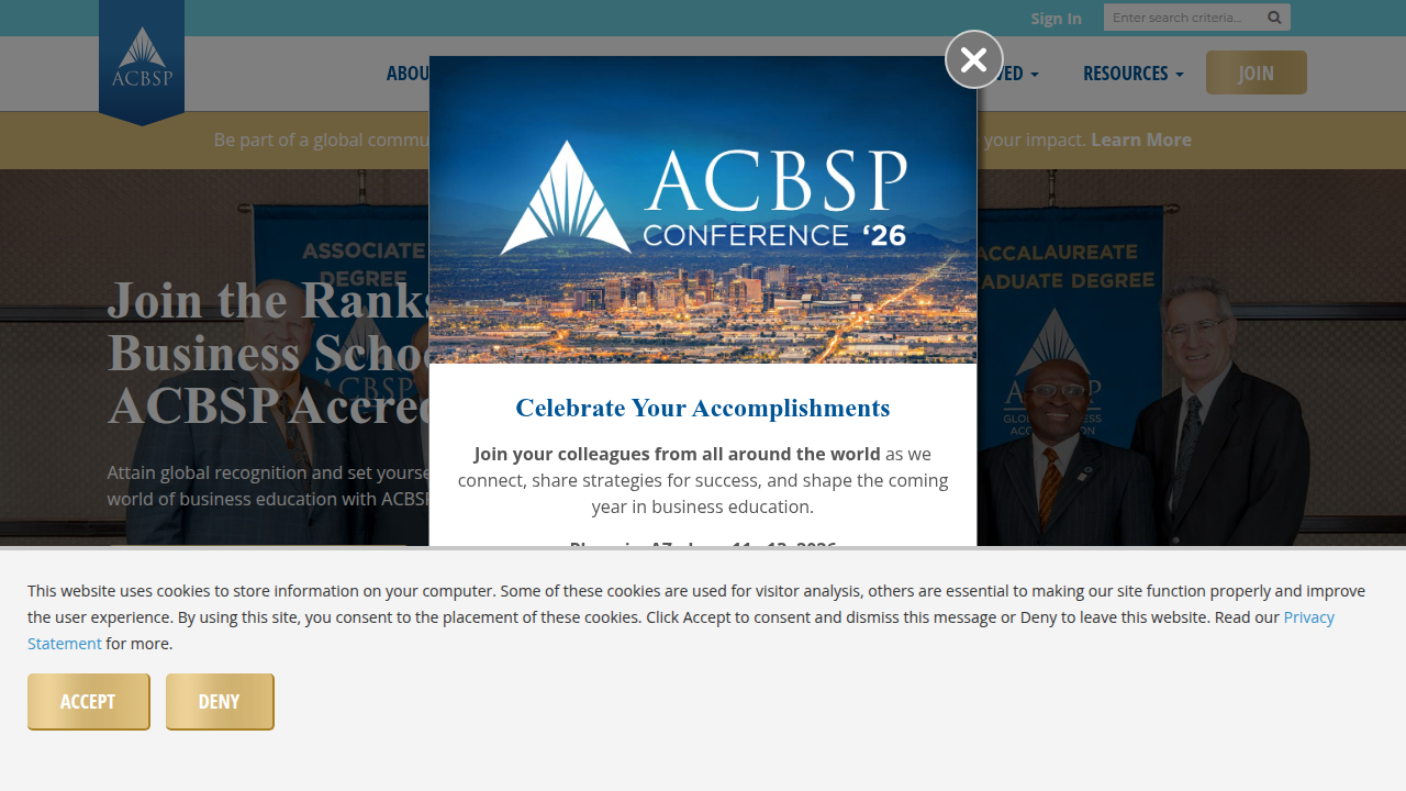 A screenshot of the Accreditation Council for Business Schools and Programs (ACBSP) homepage.