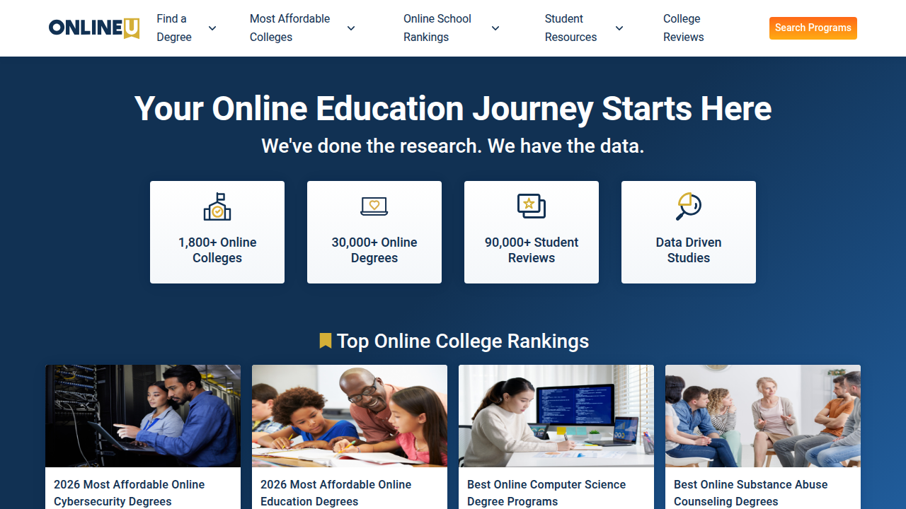 A screenshot of the OnlineU homepage, a resource for comparing online degree programs and understanding accreditation.