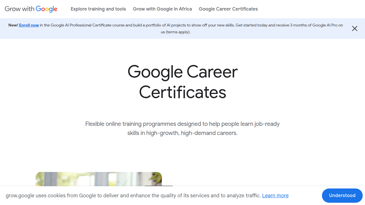 Screenshot of the official Google Career Certificates website, highlighting available programs.