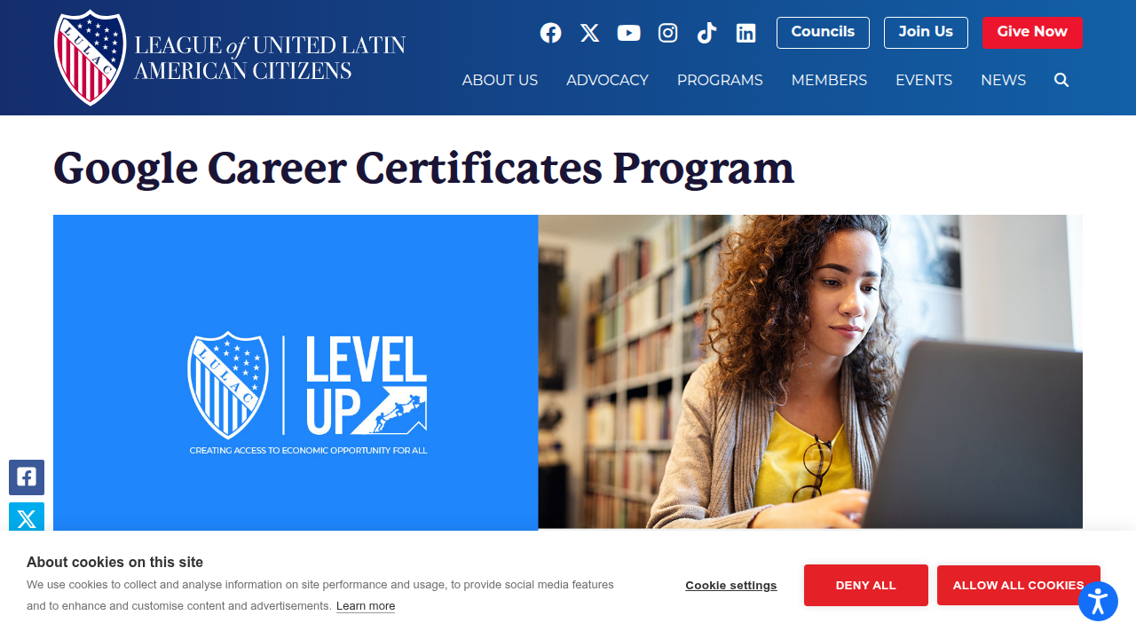 Screenshot of the LULAC programs page, detailing opportunities like Google Career Certificates scholarships.