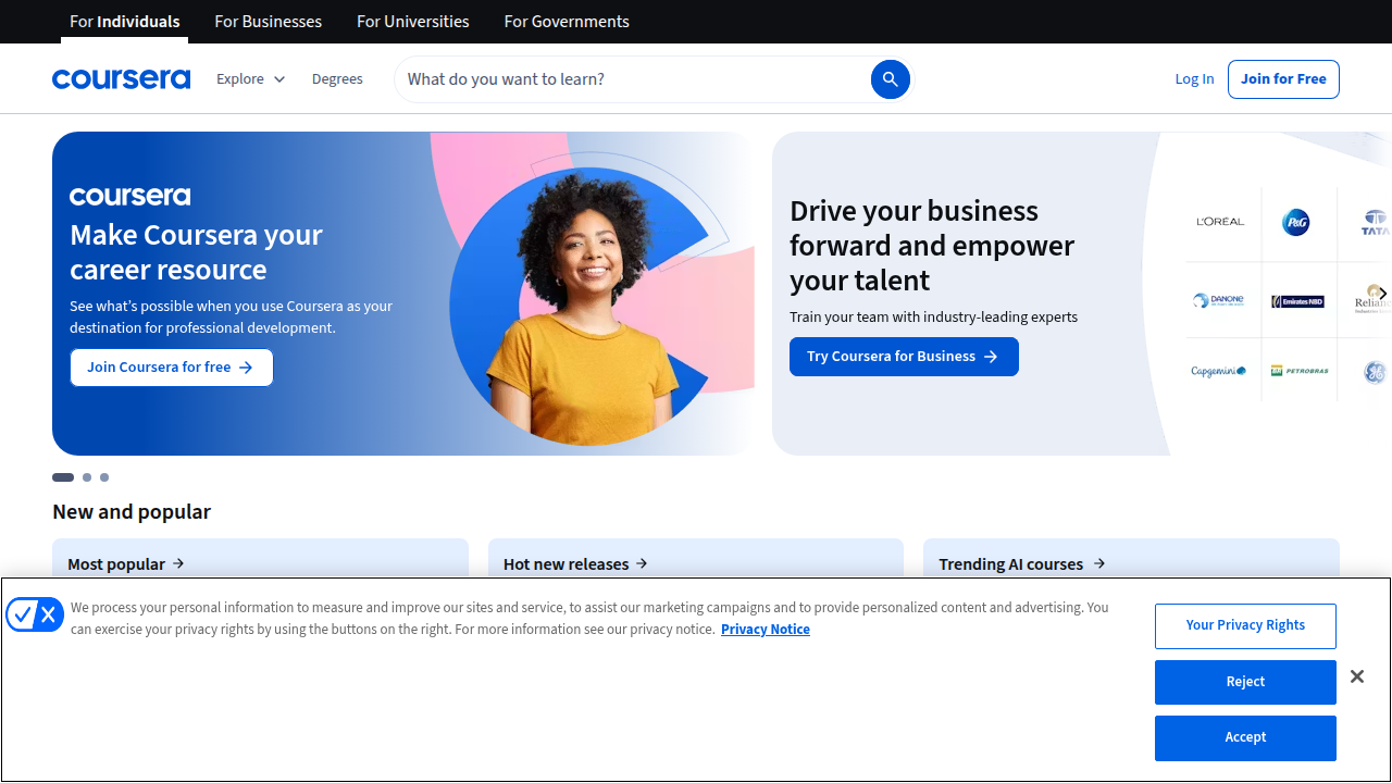 Screenshot of the Coursera homepage, a leading platform for online courses and professional certificates.