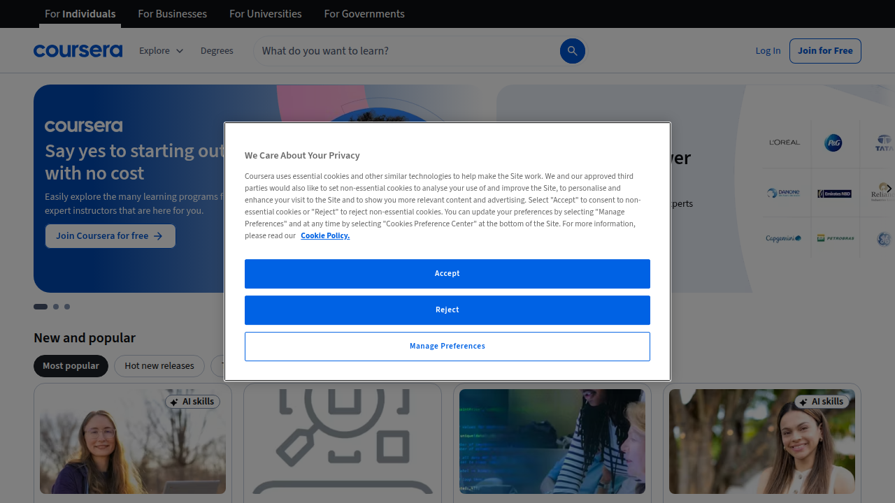 The Coursera homepage, illustrating its focus on university and company-led courses.